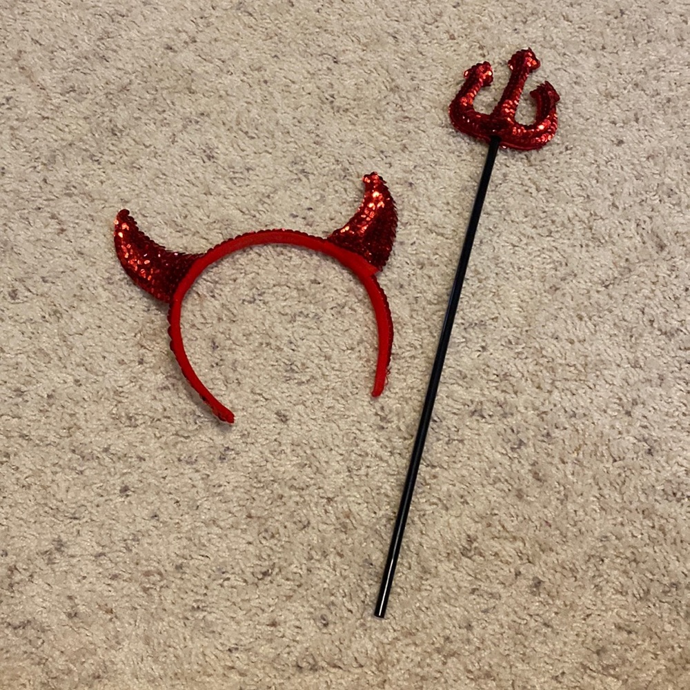 Sequin devil horns and pitch fork